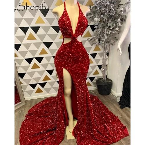 Real Sample Sexy Halter High Slit Mermaid Style Sparkly Red Sequined African Black Girls Long Prom Dresses 2021