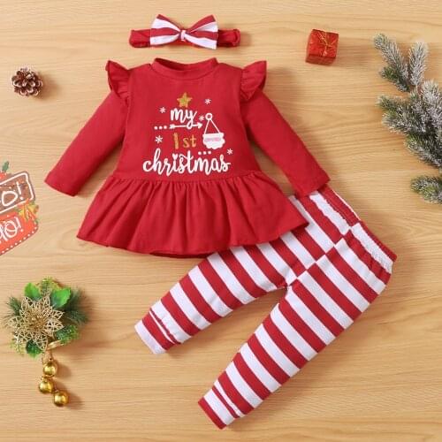 Christmas Baby Girls Three-piece Clothes Set Printed Pattern Round Collar Tops, Pants and Headdress
