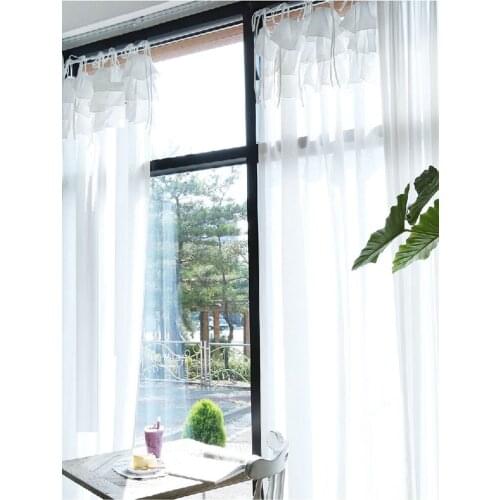 Nordic Cotton Linen Lace Curtains for Bedroom Finished Black White Velcro Voile Curtains with Bowknot Yarns for living room Cafe