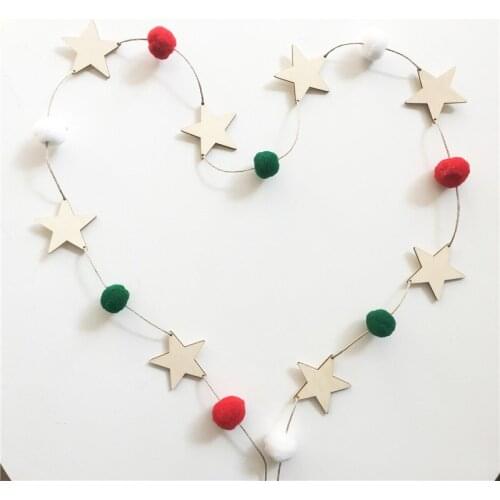 INS Nordic Wooden Star Garlands With Hair Balls String Girls Baby Room Decoration Wall Hanging Banners Party Decor Photo Props