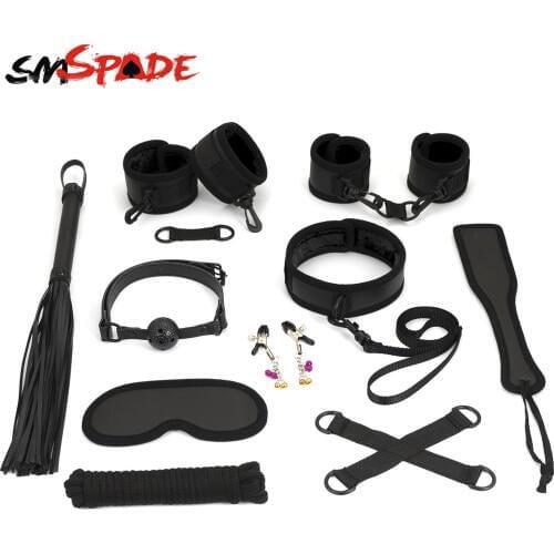 SMSPADE Black 10Pcs/Set Blindfold,Mouth Gag,Collar,Handcuffs & Ankle Cuffs,Whip,Paddle,Nipples,Rope,Hogtie BDSM Sex Toys Kit