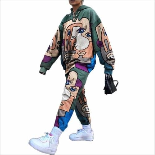 STYLISH LADY Graffiti Printed Sporty 2 Piece Set Women Hooded Sweatshirt and Long Pant Suit 2020 Autumn Casual Hip Hop Tracksuit