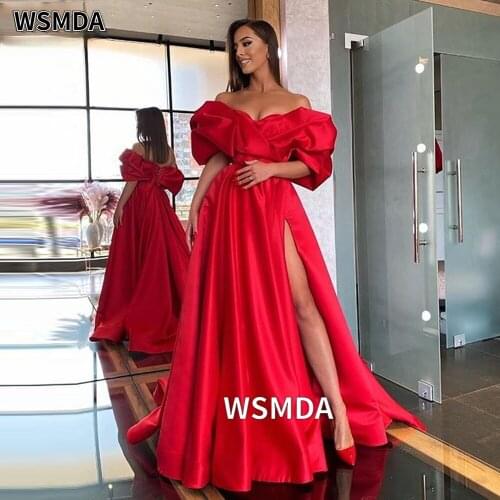 Gorgeous Long Satin Evening Dress Red for Bride with Sleeves Off The Shoulder 2020 Party Sexy Prom Gowns with Side Slit