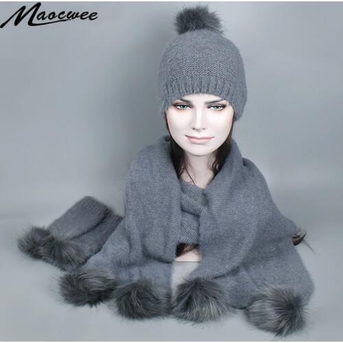 Women Winter Hat And Scarf Gloves Set Warm Knitted Hat Scarf for Girls High Quality Faux Fur Pompoms Hats Lady Beanies Skullies