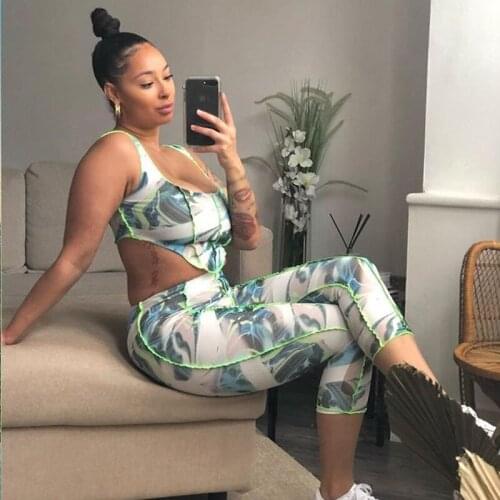 2 Piece Set Women Suits Printed Sexy Backless Cut Out Tank Top + Jogging Pants High Waist Sweatpants 2021 Summer Casual Outfits