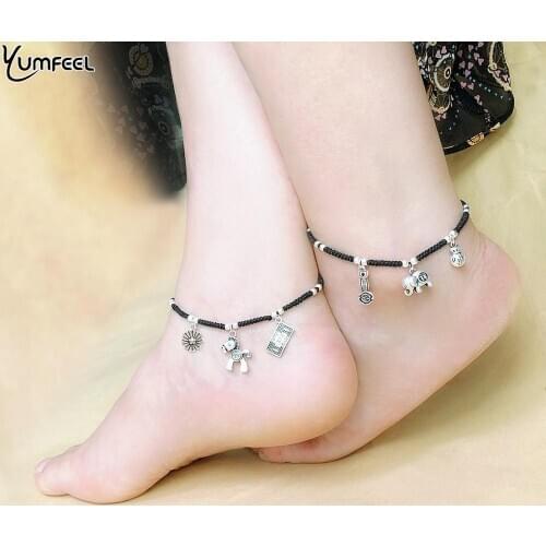 Yumfeel Brand Vintage Charm Anklet Handmade Black Rope Charm Foot Chain Anklet Women