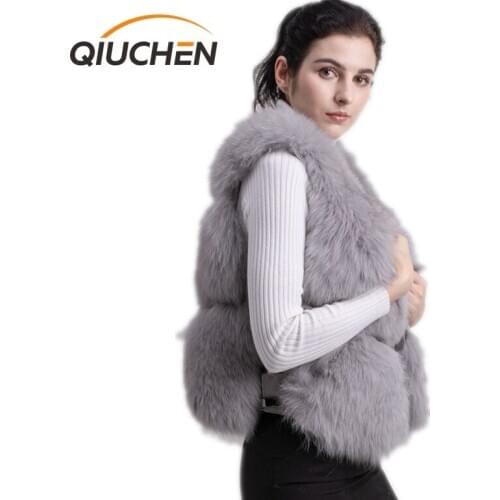 QIUCHEN PJ8134 2021 New Arrival Free shipping Full Pelt Natural Real Fox Fur Vest Women Winter Fox Gilet Covered Button