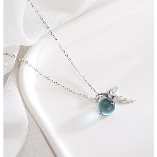 Women Necklace Mermaid Fish Tail Pendant 925 Sterling Silver Chain Chocker Blue Moon Stone Pendant Fashion Jewelry