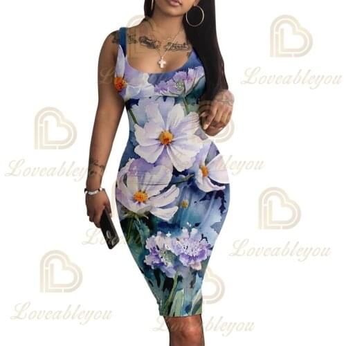 Busty Womens Floral Print Sleeveless Dress Slim Vest Dress Sexy Pencil Dress Thin Summer Female Long Dress Black Vestidos