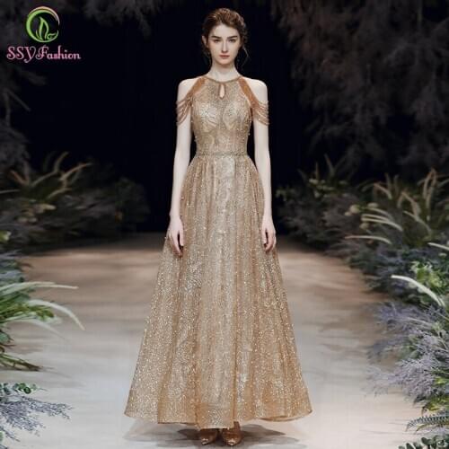 SSYFashion New Luxury Gold Evening Dress Halter Sequins Beading Sparkling Shining Long Prom Party Gown Formal Dresses Vestidos