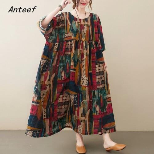 Short sleeve cotton vintage floral dresses for women casual loose long woman summer dress elegant clothes 2021