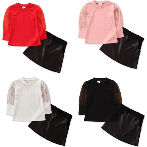 Infant Kids 1-6Years Baby Girls 2Pcs Spring Autumn Clothing Mesh Long Sleeve Tops Dots Shirt PU Leather Skirts Patchwork Outfits