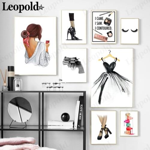 Abstract Girl High Heels Canvas Painting Fashion Nail Polish Skirt Cosmetics Poster Wall Art Nordic Beauty Shop Home Decoration
