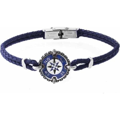 Runda New Men Double Genuine Braid Leather Stainless Steel Round Charms Blue Enamel Bangles Jewellery Jewellery