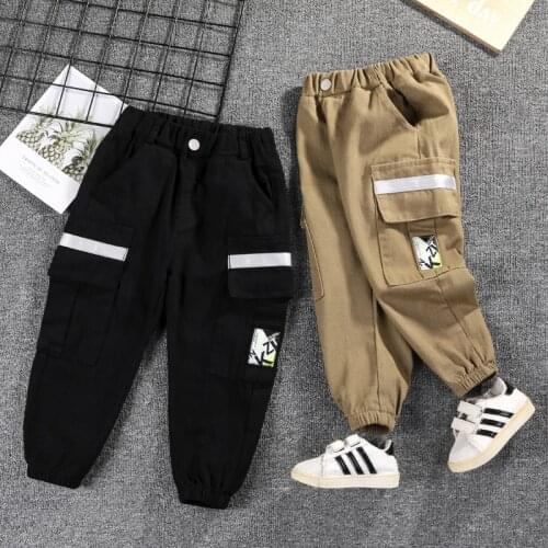 2021 spring and autumn new boys' fashion three color tooling pants childrens solid color letter printing casual pants