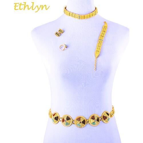Ethlyn Ethiopian Arab Fashion Gold Color Rhinestone Waist Chain Bridal Jewelry Sets for Dancing Party Accessories S109