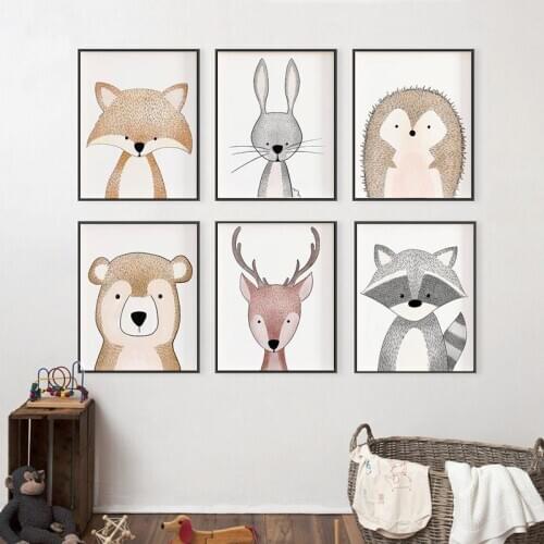 Woodland Animals Fox Bear Rabbit Nursery Wall Art Canvas Painting Hedgehog Deer Prints Nordic Posters Pictures Kids Room Decor