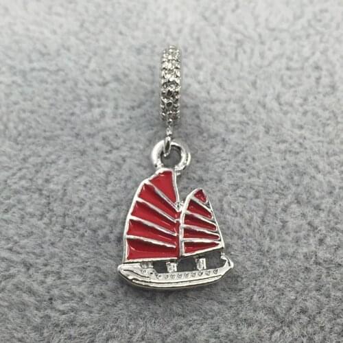 Chinese Junk Ship Dangle With Red Enamel Pendant Charm European Beads Fit Charms Bracelets&Bangles Necklace