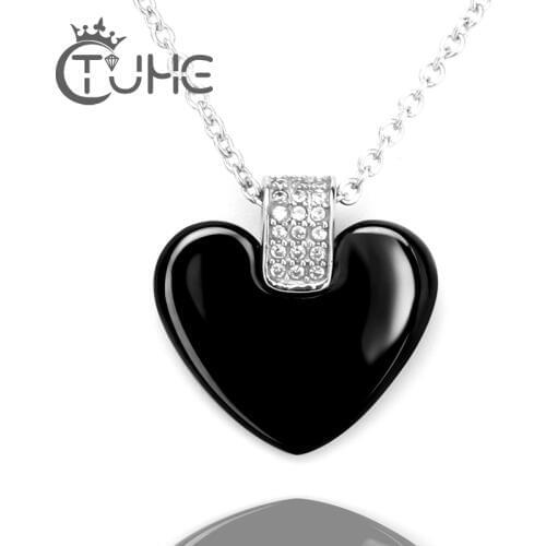 Classic Heart Shaped Ceramic Pendant Necklace With Bling AA Rhinestone Never Fade Color Stainless Steel 45cm Long Women Necklace