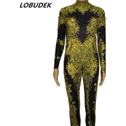 Gold Rhinestones Jumpsuit Sexy Skinny Crystals Rompers Bar Party Lady jazz Costume Prom Birthday Party Performance stage outfit
