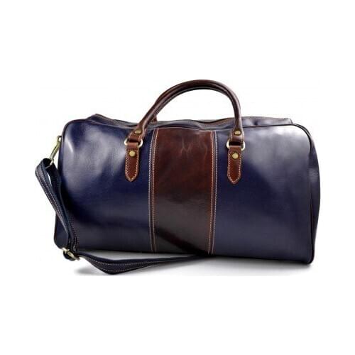 Mens leather duffle bag blue brown shoulder bag travel bag luggage weekender carryon cabin bag