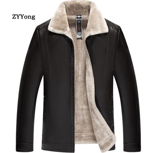 Men Jacket Winter Leather Jacket Men Fleece Fur Turndown Collar Parka Coat Overcoat Plus Velvet Warm Windproof PU Outwear