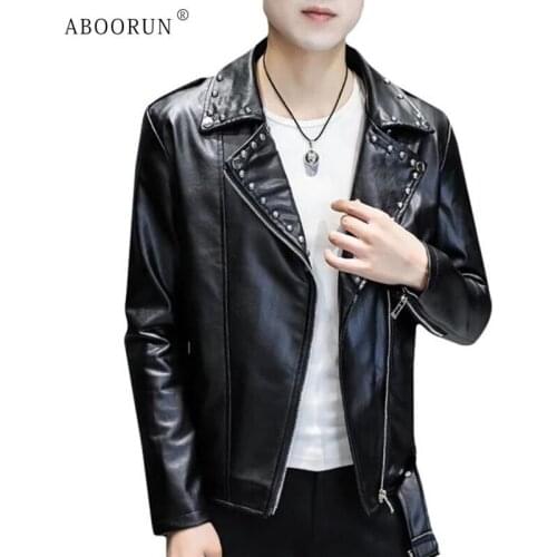 ABOORUN Mens Punk Rivets Faux Leather Motorcycle Jacket Korean PU Leather Slim fit Coat Streetwear for Youth