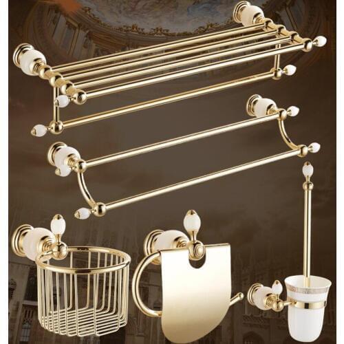 Luxury solid brass and white jade gold finish Bathroom Accessories Set,Robe hook,Paper Holder,Towel Bar,Soap basket