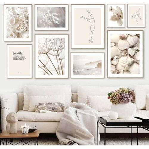 Beige Rose Flower Dandelion Sea Lines Girl Wall Art Canvas Painting Nordic Poster And Prints Wall Pictures For Living Room Decor