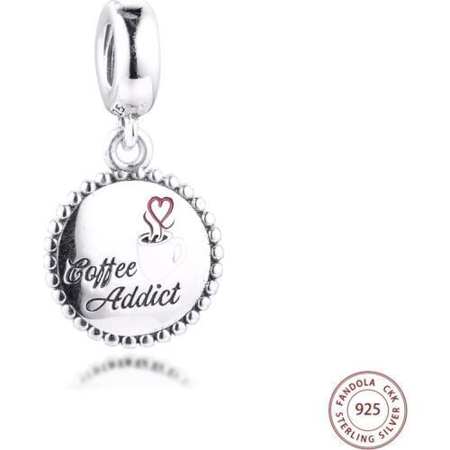 Genuine 925 Sterling Silver Coffee Addict Dangle Beads Charms Pendant Fits Euroe Bracelet Argent DIY Jewelry Making Accessories
