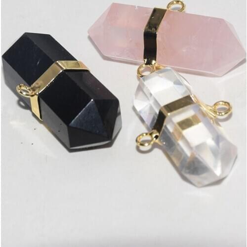 Natural Rose Clear Crystal Quartz Stone Connector Charms Jewelry Making 2020 Gold hexagonal Black Obsidian Pendants for bracelet