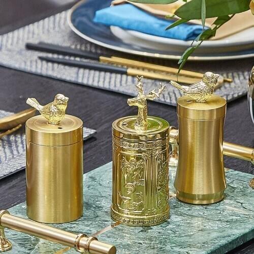 Soild Brass Toothpick Box Decoration Creative Gift Toothpick Can With Deer & Birds European-style Dust Proof Toothholder Barrel