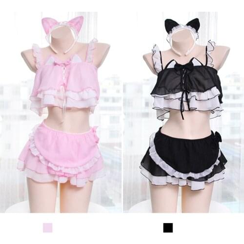 Sexy Lolita Women Anime Lingerie Set Kawaii Cat Girls Ruffles Camisoles Underwear Set Japan Cosplay Sleepwear Night Skirt
