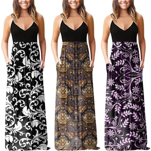 Summer Dress For Women Sleeveless Art Floral Print V-neck Maxi Dress Summer Party Cami Dress With Pockets Robe Longue Vestidos