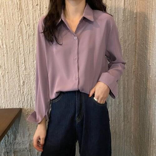 Casual Solid color Female Shirts Tops 2021 Spring New Women Chiffon Blouse Office Lady stand Button Loose Shirts