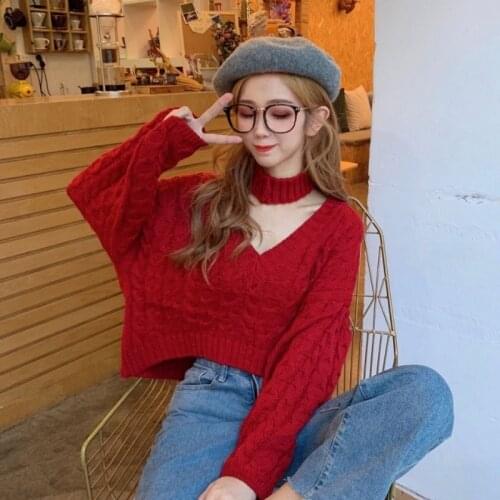 Japanese Pullovers women autumn and winter new Korean version of the lazy style short v-neck halter short loose knitted sweater
