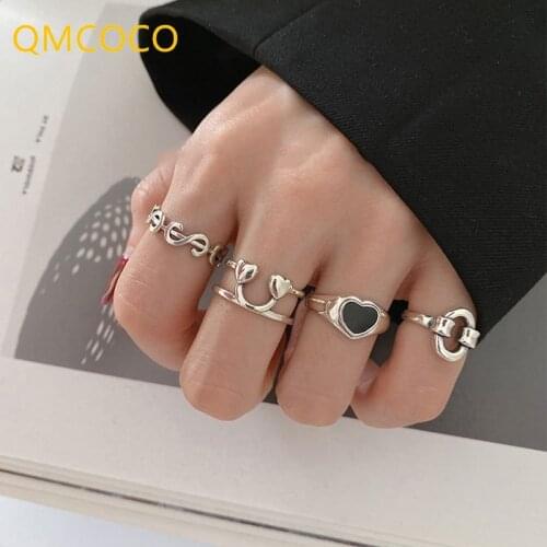 QMCOCO 925 Sterling Silver Korea Heart-Shaped Dollar Smiley Ring Trendy Creative Finger Jewelry Adjustaable for Women