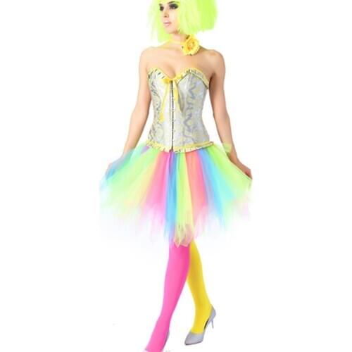 Rainbow Color Cosplay Corset With Skirt Showgirl Burlesque Outfit Gothic Dresses For Women Sexy Bustier Set Steampunk Clothing
