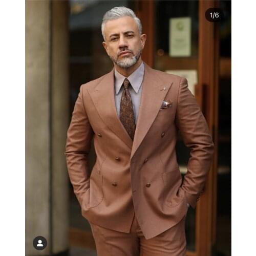 Plus Size Brown Peak Lapel Men Suits Costume Homme Wedding Wear Tuxedos For Bridegroom 2 Pcs Prom Slim Fit Blazers Jacket Pant