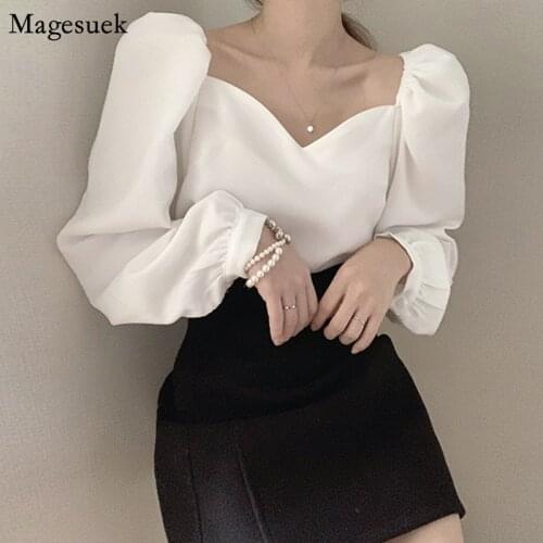 Korean Chic Long Sleeve Loose White Shirt Women Solid Puff Sleeve Shirts Tops 2021 Fashion Vintage Blouse Women Clothing 13528