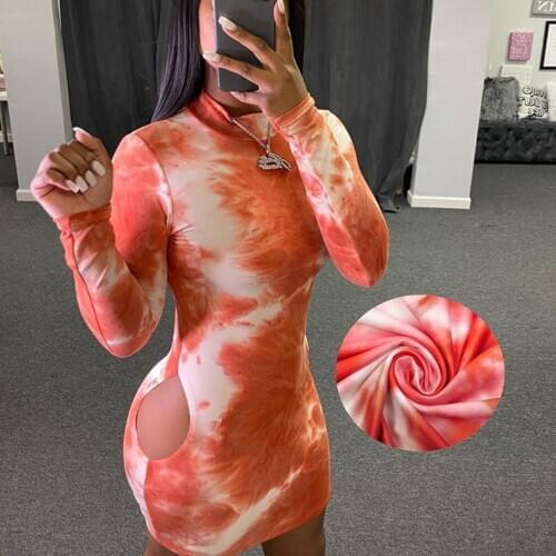 Tie dye Long sleeve Sexy Mini Beach dress Autumn And Winter Women Fashion Side hollow out Streetwear Outfits bodycon Beach dress