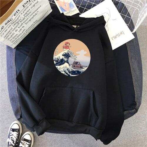 The Great Wave Cartoon Print Hoodie Man Women Casual Loose Harajuku Japan Style Sweatshirts Long Sleeve Fleece Hooded Pullover