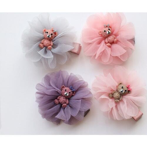 20pcs/lot Animals Bears Cartoon Hair Clip Modish Girls Pink Flower Hair Grip Prince Lovely Floral Hairpin Purple Gauze Flower