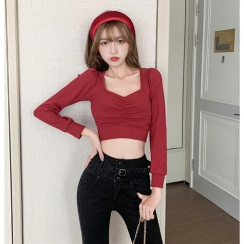 Retro Square Collar Ladies Long Sleeve Women Fashion T-Shirt Top Elastic Tight Girl Top Short Bottoming Tshirt