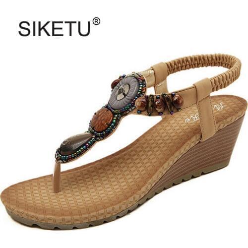 New Bohemia Beading Wedges Women Sandals Summer Shoes 2017 Heel Flip Flops Womens Vintage Hand-made Shoes Woman Euro Size 35-40