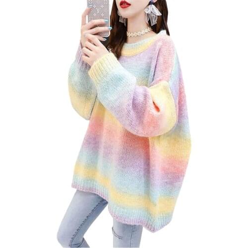 Women Rainbow Sweater And Pullovers O-Neck Long Loose Style Striped Korean Jumpers Candy Color Oversized Pull 2021Autumn Winter