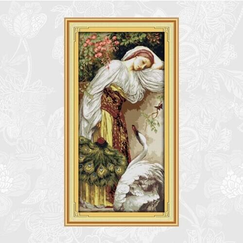 The woman and goose Cross Stitch kits Printed on Canvas 14CT 11CT Embroidery Handmade Beginner Cross-stitch Needlework Crafts