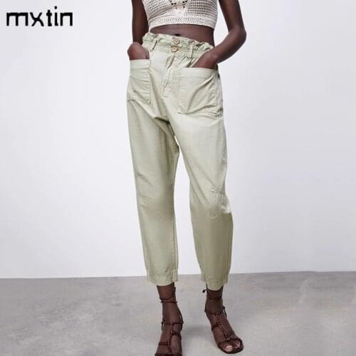 MXTIN 2021 Women Summer Fashion Solid Sweatpants Pants Vintage Elastic Waist Pockets Female Harajuku Cargo Pants Trousers Ropa