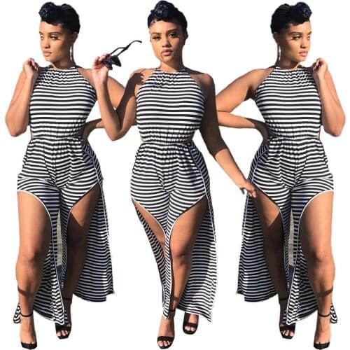 Chiclover Jumpsuit Women Wholesale Items Casual Streetwear Halter Off Shoulder Jump Suits Slit Loose Striped Rompers Trouser