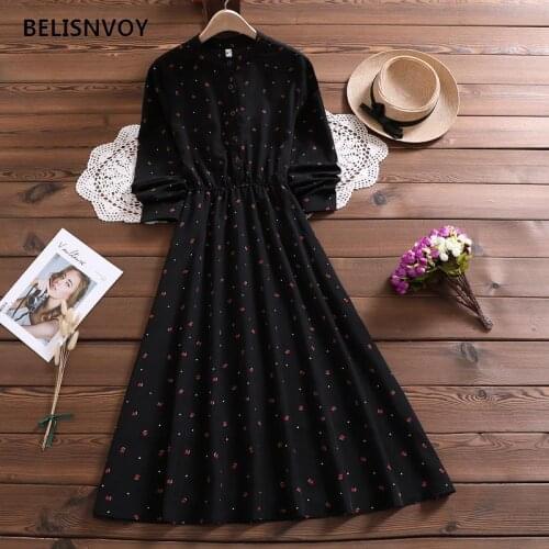 Elegant Black Women Midi Dress O-neck Office Lady Chiffon Floral Printed Dresses A-line Vintage Sweet Party Feminino Vestidos